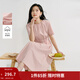 茵曼2026夏季女裝新款歐若風(fēng)圓領(lǐng)抽褶腰帶棉質(zhì)混紡短袖氣質(zhì)連衣裙 淺粉色 M