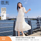 香影（xiangying）米色絕美雪紡連衣裙女2026夏季新款泡泡袖蕾絲系帶圓領(lǐng)仙女裙 米色 M