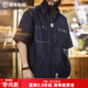 馬登工裝 美式丹寧牛仔襯衣男春boro古布印花短袖襯衫復古藍染外套 牛仔藍 XL
