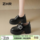 ZHR則則高跟樂(lè )福鞋女簡(jiǎn)約通勤小皮鞋粗跟增高女鞋亮面水鉆單鞋ML21黑色37