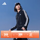 adidas休閑舒適三條紋毛圈布連帽夾克外套女裝秋季阿迪達斯輕運動(dòng)   黑色/白   L