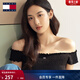 TOMMY JEANS春夏女裝復古甜美性感一字肩褶皺辣妹修身短款短袖上衣T恤 黑色BDS S
