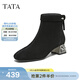 他她（TATA）加絨靴子女鞋秋冬羊皮休閑百搭增高粗跟彈力短靴 黑色（單里） 36