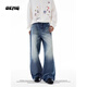 OEMG 美式水洗牛仔褲子男士春秋季手擦貓須A子闊腿潮牌直筒丹寧長(cháng)褲 藍色 【高品質(zhì)】 XL [建議110-130斤]