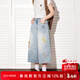 ICH MODE向日葵繡花直筒牛仔褲女春季高腰梨形百搭顯瘦闊腿褲淺藍色短褲S