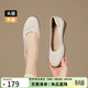 ZHR頭層牛皮單鞋女春夏軟底坡跟女鞋透氣鏤空舒適船鞋 KM33 米色 37