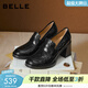 百麗（Belle）復古抓皺面羊皮樂(lè )福鞋女2026春新粗跟氣質(zhì)通勤單鞋B2948AA6 黑色 37 (235mm)