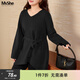 MsShe【軟糯收腰長(cháng)款毛衣】大碼女裝2026新款春裝胖mm寬松V領(lǐng)上衣 黑色現貨 3XL