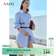 AMII女裝2026春季新款新款極簡(jiǎn)寬松落肩袖字母繡花印花條紋梭 藍白條 S (155)