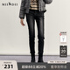 謎底磨毛保暖牛仔褲女冬款復古百搭緊身鉛筆九分褲234MK1596 黑色 S