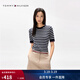 Tommy Hilfiger【條紋鑲邊】春夏女裝純棉平紋拼色圓領(lǐng)內搭打底短袖針織衫 黑白條紋02A XS （推薦：90-100斤）
