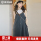 馬登女裝 格紋拼接吊帶裙慵懶風(fēng)顯瘦A字裙寬松連衣長(cháng)裙無(wú)袖夏 藏藍色 S
