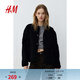H&M女裝短外套春季圓領(lǐng)保暖寬松小香風(fēng)泰迪絨夾克 1228915 黑色 M 165/96