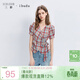 三彩2025秋季新款格紋小衫泡泡袖V領(lǐng)上衣短款女