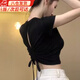 鹿珊伍正肩短袖t恤女2026新款夏季設計感小眾性感辣妹露背抽繩短款上衣 鏤空短袖T恤【黑色】 M 【建議90-105斤】