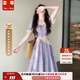 蕓蕁裙子女夏季2026新款溫柔風(fēng)茶歇法式泡泡袖紫色收腰長(cháng)裙氣質(zhì)感蕾絲 紫色 L