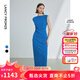 朗姿法式一字肩收腰抽褶設計感氣質(zhì)長(cháng)裙夏裝新款女禮服連衣裙 艦隊藍色 M