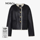 MO&Co.絨面夾克絨邊圓領(lǐng)肌理感廓形短款機車(chē)外套華麗金扣摩安珂 黑色 M /165