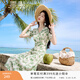 香影（xiangying）碎花v領(lǐng)連衣裙女2026夏季新款度假風(fēng)系帶收腰泡泡袖雪紡裙子 綠色 S