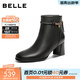 百麗（Belle）簡(jiǎn)約優(yōu)雅羊皮時(shí)裝靴女冬季新款商場(chǎng)同款粗跟氣質(zhì)短靴E8K1DDD5 黑色-皮面-單里 36 (230mm)