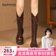 達芙妮長(cháng)筒靴女2026秋冬新款V口系帶高筒瘦瘦靴女百搭粗跟顯瘦騎士靴女 棕色【主圖款】 38