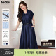 MsShe【巨顯瘦法式連衣裙】大碼女裝2025夏裝胖mm收腰巨遮肚裙子 藏青藍色現貨 3XL