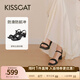 接吻貓KISSCAT【美洋同款】女鞋高跟涼鞋舒適簡(jiǎn)約方頭粗跟一字帶涼鞋 黑色 羊絨面 37