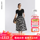 朗姿雙色針織拼接撞色印花連衣裙夏季新款a字高腰碎花裙 夜幕黑色 XL