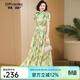 帝弗·潤馳新中式連衣裙女夏季輕奢國風(fēng)高端褶皺設計感印花旗袍裙子 草綠色 M