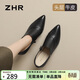 ZHR頭層牛皮女鞋輕奢粗跟深口單鞋女百搭尖頭皮鞋女 S395 黑色 37 