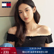 TOMMY JEANS春夏女裝復古甜美性感一字肩褶皺辣妹修身短款短袖上衣T恤 黑色BDS S