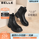 百麗（Belle）復古時(shí)裝靴女冬季新款商場(chǎng)柔軟羊皮舒適粗跟加絨短靴E5S1DDD5 黑色-單里 37 (235mm)