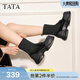 他她（TATA）厚底英倫樂(lè )福鞋女鞋瘦瘦彈力襪靴短靴冬新款CCJ02DZ4 黑色 37