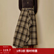 茵曼2025秋冬女裝新款復古不規則荷葉邊格子半身裙寬松A字裙子 綠咖格 L