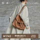 裘真復古001郵差包女單肩通勤大容量斜挎包植鞣頭層牛皮包 大象灰-大號