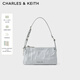 CHARLES&KEITH褶皺油蠟皮斜挎小方包手提包腋下包女士生日禮物CK2-80160183 Grey灰色 S