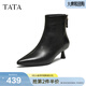 他她（TATA）加絨靴子秋冬牛皮短靴細跟短筒靴黑色洋氣高跟靴UWT01DD5 黑色（絨里） 37