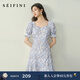 詩(shī)凡黎（‘S EIFINI）【商場(chǎng)同款】詩(shī)凡黎方領(lǐng)碎花連衣裙2024秋新款中長(cháng)裙女3F7191591 灰藍 M 160/84A