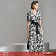 顏域優(yōu)雅純棉連衣裙女裝2026新款夏裝氣質(zhì)中長(cháng)款印花短袖V領(lǐng)裙子 黑白花 XL/42