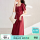 尚都比拉短袖連衣裙女夏季復古赫本風(fēng)氣質(zhì)通勤裙子中長(cháng)款A字裙 紅色 M