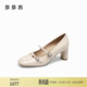 莎莎蘇[圓舞曲]春新款法式粗跟瑪麗珍小皮鞋圓頭高跟鞋女單鞋 米白色牛皮革 36