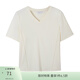 纖莉秀大碼女裝簡(jiǎn)約百搭休閑減齡正肩V領(lǐng)顯瘦百搭T恤春裝新款1990 杏色 2XL