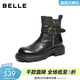 百麗（Belle）潮酷皮帶扣牛皮時(shí)裝靴女冬季新款商場(chǎng)同款厚底短靴F2P1DDZ5 黑色-單里 38