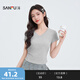 三福短T恤2025夏季褶皺設計V領(lǐng)修身短款上衣女裝495645 花灰 S