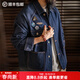 馬登工裝 美式復古刺繡徽章牛仔夾克男春季重磅水洗翻領(lǐng)休閑外套 牛仔藍 L