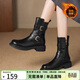 ZHR短靴女潮酷厚底加絨牛仔女靴復古圓頭騎士靴子女 BL306A 黑色 37