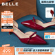 百麗（Belle）簡(jiǎn)約蝴蝶結包頭涼鞋女26夏新款牛皮優(yōu)雅細跟通勤涼鞋BFH37BK6預售 酒紅色 38
