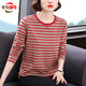 花衣麗夢(mèng)2026條紋長(cháng)袖T恤女士春秋新款寬松圓領(lǐng)小衫薄款媽媽顯瘦減齡上衣 紅色 L 建議【105-120斤】