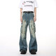 VOGUO RELAY 原創(chuàng  )潮牌街頭風(fēng)潑墨涂鴉牛仔褲男女同款拼接工裝褲 藍色 L