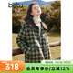 百圖betu女裝冬季新款棉衣翻領(lǐng)仿羊羔毛拼接雙色格子外套2411D02 綠色格 M